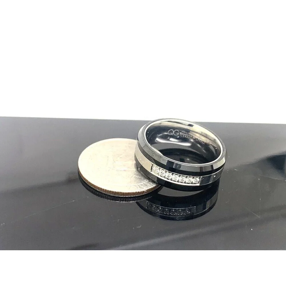 Wedding Band Stainless Steel Ceramic Cubic Zirconia 8mm Unisex Ring Size 9